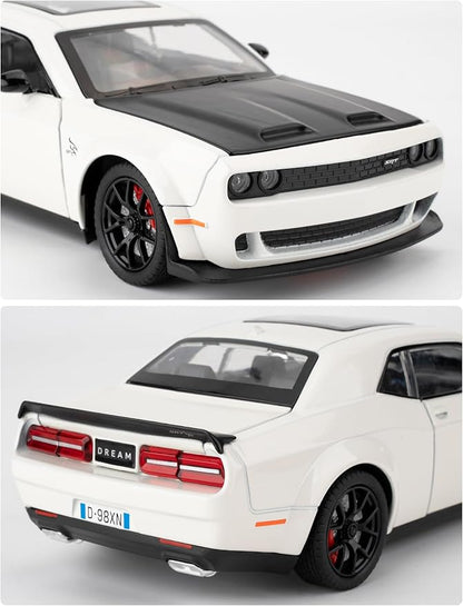 Compatible for 1/24 Dodge Challenger SRT Hellcat Car Model, Collectible Die-Cast Model Car with Lights and Sounds,Pull Back Car Toy for Adults Kids Birthday Gifts Decoration (White)