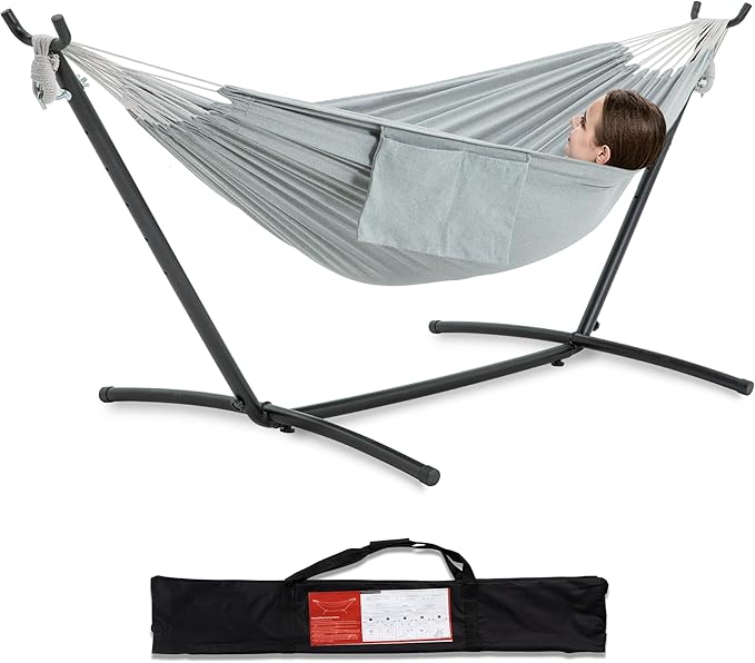 PNAEUT Double Hammocks with Stand for Outside, Portable Space Saving Heavy-Duty Steel Stand for Indoor Outdoor Patio with Carrying Bag, 450 lbs Capacity (Gray)