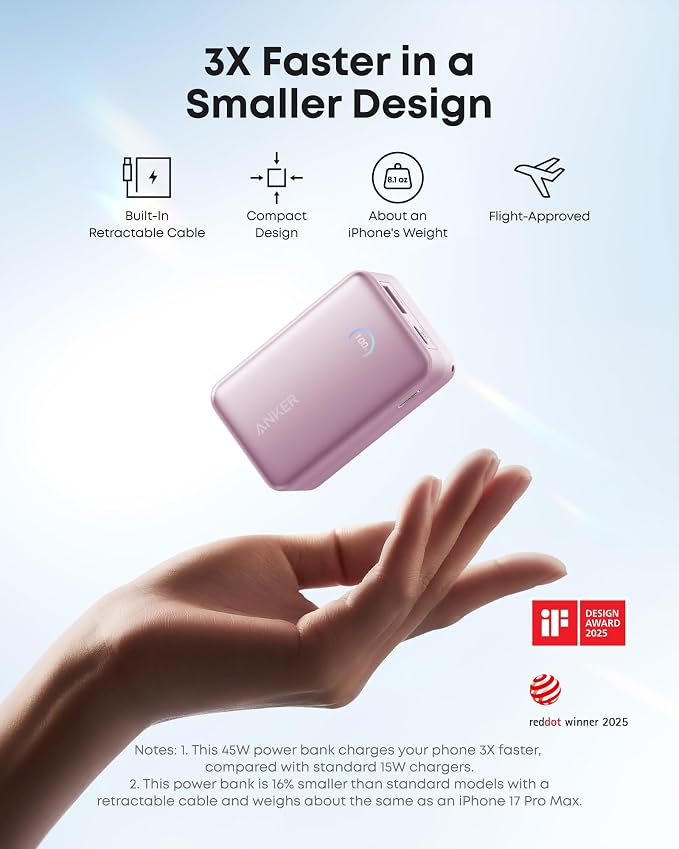 Anker Nano Power Bank, 45W 10,000mAh Portable Charger, iPhone Battery Pack | Built-In Retractable USB-C Cable, for iPhone 17 / 16 Series, iPad, Galaxy, Pixel, and More, Compact Travel Design