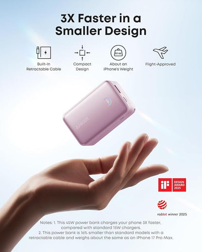 Anker Nano Power Bank, 45W 10,000mAh Portable Charger, iPhone Battery Pack | Built-In Retractable USB-C Cable, for iPhone 17 / 16 Series, iPad, Galaxy, Pixel, and More, Compact Travel Design