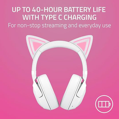 Razer Kraken Kitty V2 BT Wireless RGB Headset, White | Chroma RGB Kitty Ears & Earcups, Bluetooth 5.2, 40 mm Drivers, Noise-cancelling Mics, Lightweight, USB-C, 40 Hr Battery
