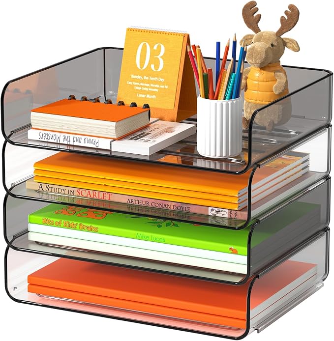 FANXIYQ 4-Tier Acrylic Paper Tray Organizer, Clear & Brown Paper Organizer | Stackable, Tool-Free Design with 2-4 Tiers for A4 Paper, Files, Books and Mail; Ideal for School, Home Office and Study Room