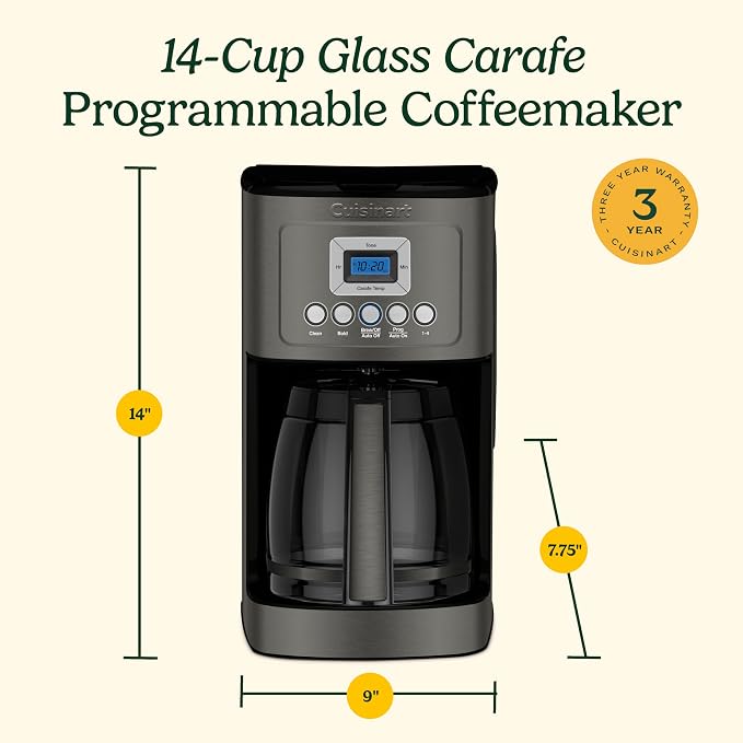 Cuisinart 14-Cup Coffee Maker, Programmable PerfecTemp Glass Carafe Coffee Machine with 1-4 Cup Setting, Brew Strength Control and Pause, Stainless Steel, DCC-3200BKSNAS, Black | 14-Cup Glass Carafe, Perfectemp Heating, 24-Hour Programmability, Brew St...