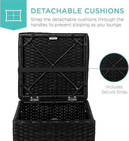 Best Choice Products Set of 2 Wicker Ottomans, Multipurpose Outdoor Furniture for Patio, Backyard, Additional Seating, Footrest, Side Table w/Storage, Removable Cushions - Black/Black