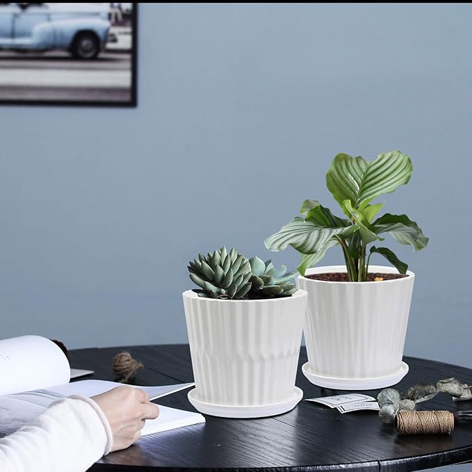 Plant Pots - 6.7 Inch Cylinder Ceramic Planters with Connected Saucer, Pots for Succuelnt and Little Snake Plants, Set of 2, White