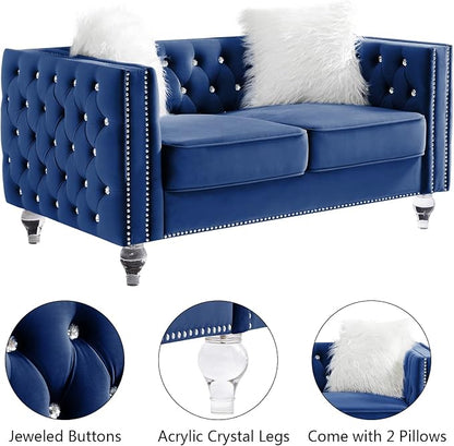 mikibama Velvet Loveseat with Buttons and Square Arms 59 Inch Tufted Sofa with Trimmed Nailhead and Metal Legs Loveseat Couch for Living Room, Bedroom (Navy Blue-Crystal Legs, Loveseat + Sofa)