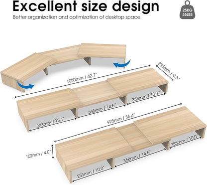 FITUEYES Dual Monitor Stand Riser, Adjustable Length and Angle, Oak | Wooden 3-Shelf Design, Supports up to 55lbs, Flexible for Standard Corner Space, Holds Monitor, Laptop, Phone, Printer