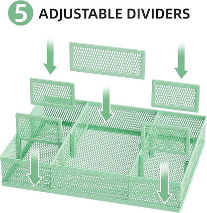 Marbrasse 2 Pack Desk Drawer Organizer, Mesh Drawer Organizer Tray with 8 Adjustable Compartments, Desk Organizers and Accessories, 5 Dividers Drawer for Office Supplies, Makeup & Vanity (Green)