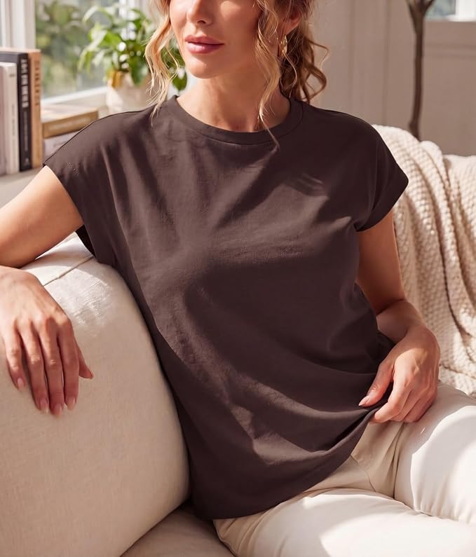 GRECERELLE Womens Summer Tops Cap Sleeve Crew Neck Basic T-Shirt | Everyday Casual Wear, Layering Friendly, Wrinkle-Resistant, Business Casual Ready, Lightweight & Packable, Capsule Wardrobe