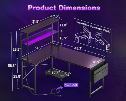 ODK 43" L Shaped Gaming Desk with Shelves, LED & Outlets, Black | Reversible L-shape. LED gaming lights & USB. Headset hook & storage bag. Fits dorms, small bedrooms & compact apartments.
