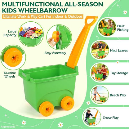 FHOZGECY Kids Gardening Set with Wheelbarrow, Metal Gardening Tools with Apron, Gloves, Watering Can, Repotting Mat, Flower Pots, Outdoor Backyard Play Learning Toys for Boys Girls Ages 3-8