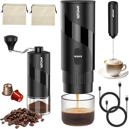 All in 1 Portable Electric Espresso Machine & Coffee Grinder & Milk Frother | Mini Compact Travel Coffee Maker Set for Ground Coffee & NS Capsules，Ideal for Camping, Car, RV, Hiking, Office, Home, Gift