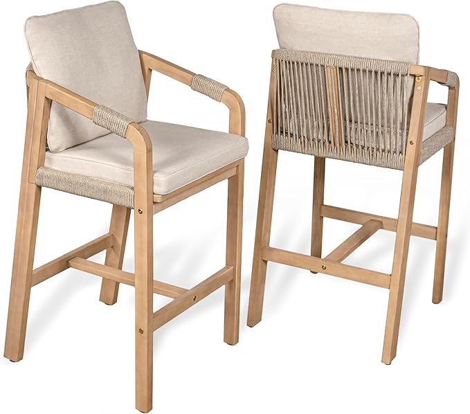 JONATHAN Y BSL1200A-SET2 Porto Modern Coastal Tub Roped Acacia Wood Outdoor Bar Stool with Cushions and Armrests Modern, Coastal, Contemporary, Rustic, Garden Room, Patio, Beige/Light Teak (Set of 2)