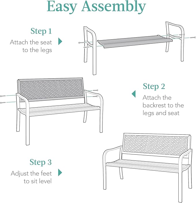 Best Choice Products Outdoor Bench 2-Person Metal Steel Benches Furniture for Garden, Patio, Porch, Entryway w/Geometric Backrest, 790lb Capacity – Black