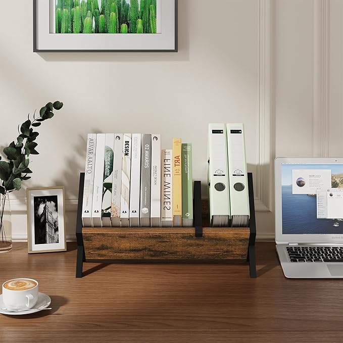YINMIT Wood Desktop Bookshelf, Retro Tabletop Bookshelf, Desk Shelf for Top of Desk in Living Room, Home, Office, Tilting Bookcase for CDs, Magazine, Books, Home Decor