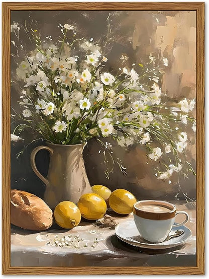 Framed Vintage Kitchen Wall Art, Rustic Floral Lemon Pictures Wall Decor, Cottagecore Coffee Bread Still Life Paintings Canvas Prints Farmhouse Home Decor for Dining Room Living Room 12x16 inch