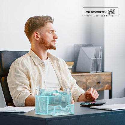Mesh Desk Organizer with Drawer, 9-Compartment Pen Holder for Desk, Blue | Pull-Out Drawer Stores Pens, Pencils, Clips, Notes, and Small Office or School Supplies in One Compact Desk Caddy