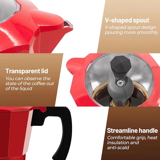 Electric Aluminum Moka Pot 3-6 Cup 150-270ml Espresso Maker | with Detachable Base Ideal Coffee Makers for Home MochaPot Italian and Cuban Café Coffeemaker Espressomaker CoffeePot Red