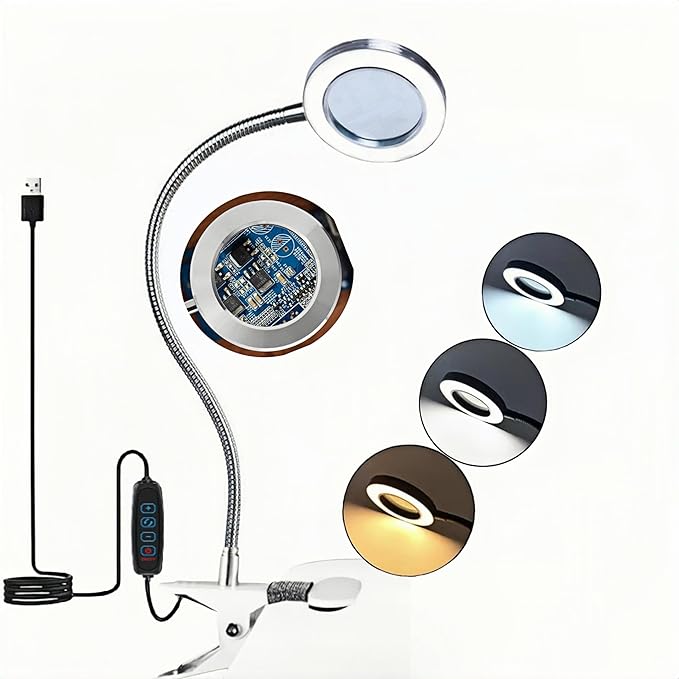 Desk Magnifying Glass with Light 10X, Clip on Desk Lamp,Craft Lamp Adjustable Lighted Magnifying Glass with Stand Portable Eye LED Lamp 3 Colors Dimmable for Reading Crafts Workbench(Sliver 2.0)