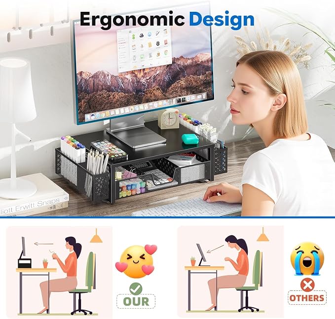 Simple Trending Metal Monitor Stand Riser, Drawer & 2 Pen Holders, Black | 2-in-1 Desk Organizer & Monitor Stand | Sturdy Metal | Ergonomic Support | Space Saving | Easy Setup