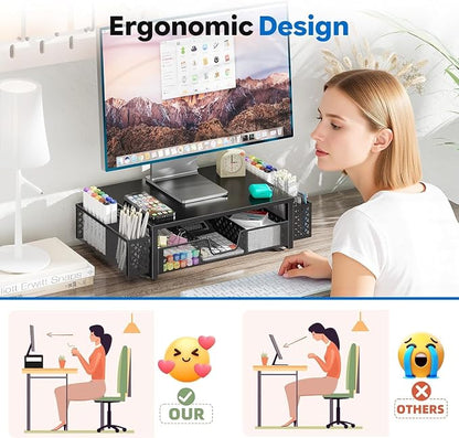 Simple Trending Metal Monitor Stand Riser, Drawer & 2 Pen Holders, Black | 2-in-1 Desk Organizer & Monitor Stand | Sturdy Metal | Ergonomic Support | Space Saving | Easy Setup