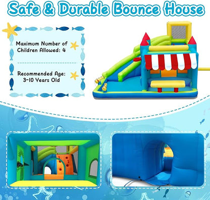 FBSPORT Inflatable Bounce House Water Slide, Bounce House for Kids with Toy Market Stand Splash Pool Bouncer Climbing Wall Water Gun Ball Dart, Bouncy Castle W/620W Blower for Outdoor Indoor, Green