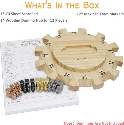 plusvivo Mexican Train Dominoes Accessories Set-Including a 7.89-Inch Wooden Mexican Train Hub up to 12 Players, 12 Metal Train Markers, and a 70-Sheet Mexican Train Score Pads