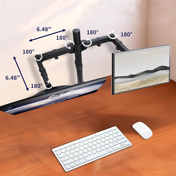 Black Dual Monitor Arm Mount for 13-32 Inch Screens | Ultrawide Screens Up to 38 Inch Fully Adjustable Stand with C-Clamp/Grommet Base Max VESA 100x100 Each Screen Capacity 22lbs