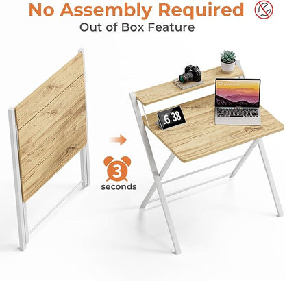 GreenForest Folding Desk No Assembly, Sturdy Computer Desk for Small Spaces | Portable Foldable Table for Laptop, 2-Tier Compact with Shelf, Space Saving for Home Office, Dorm, Apartment, 24.5"x 30" Oak