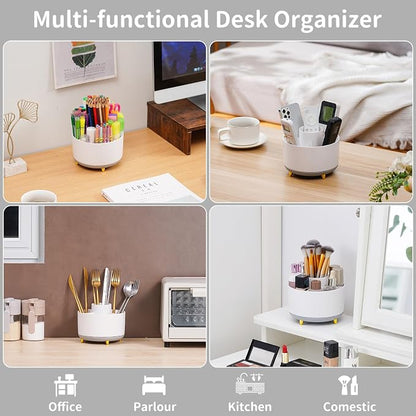 Marbrasse Desk Organizer, 360-Degree Rotating Pen Holder, Desk Organizers and Accessories with 5 Compartments Pencil Holder, Art Supply Storage Box Caddy for Office, Home (White+Grey)