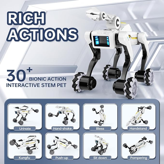 3 in 1 Robot Dog with Wheels Kit, 30+ Bionic Actions, Voice & Remote Control, Programmable Moves, Rechargeable Battery, All-Terrain Stunt Pet Toy for Kids(Removable Claw & Cannon)