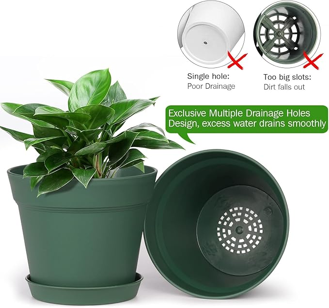 homenote Plant Pots,7.5 Inch Flower Pots for Plants Plastic Planters for Indoor with Multiple Drainage Holes and Trays, for All Home Garden Flowers Succulents,Outdoor(Green,8 Pack)