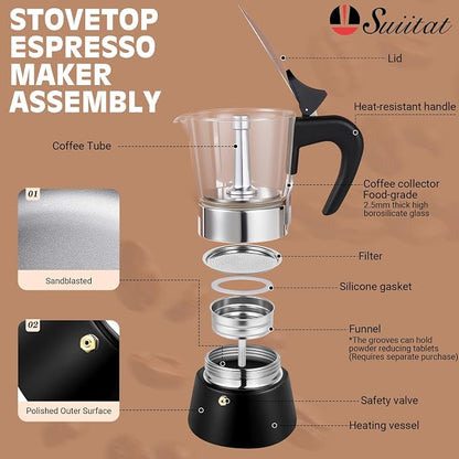 9 Cup 450ml Glass Moka Pot, Stovetop Espresso Maker, Black | Crystal Glass-top & Stainless Steel Coffee Maker, Induction Compatible, for Greca de Cafe, Cuban and Italian Coffee Brewing