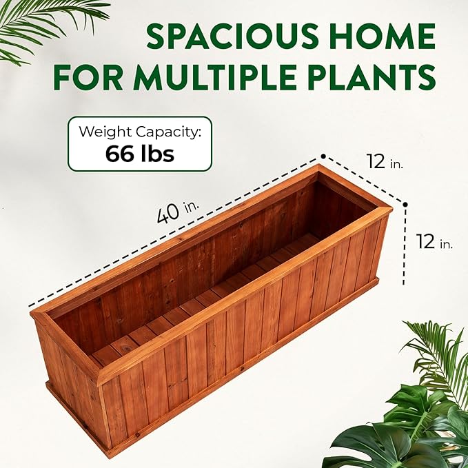 IDZO Wooden Window Box 40 in, Spacious Wooden Planter Boxes with Convenient Drainage Holes, Durable Oil Coated Window Box for Flowers & Plants, Decor Garden, Balcony, Backyard, Easy Assembly