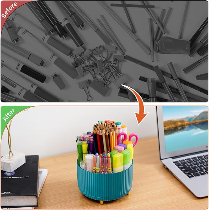 Marbrasse Desk Organizer, 360-Degree Rotating Pen Holder, Desk Organizers and Accessories with 5 Compartments Pencil Organizer, Art Supply Storage Box Caddy for Office, Home（Green）