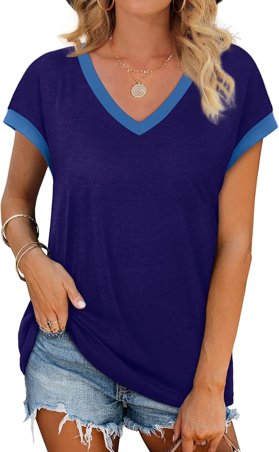 WIHOLL Womens Summer Tops 2026 Cap Short Sleeve Shirs V Neck T Shirts Fashion Beach Vacation Clothes Color Block