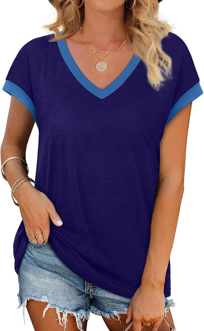 WIHOLL Womens Summer Tops 2026 Cap Short Sleeve Shirs V Neck T Shirts Fashion Beach Vacation Clothes Color Block