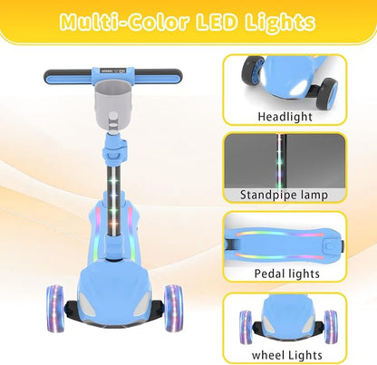 SIMATE Electric Scooter for Kids Ages 3+, 3 Wheel Balance Scooter, 3 Adjustable Heights, Foldable & LED Display & Thumb Throttle, Long Battery Life, Full Body Lights Up, Gift for Kids Boys Girls