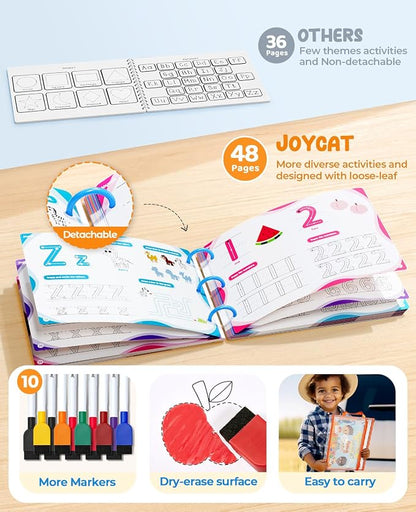 JoyCat Preschool Learning Activities 48 Reusable Pages, Handwriting Practice for Kids Toddlers, Tracing Letter Number Workbooks, Educational Autism Busy Book, Learning Gift Toys for 3 4 5 Year Olds