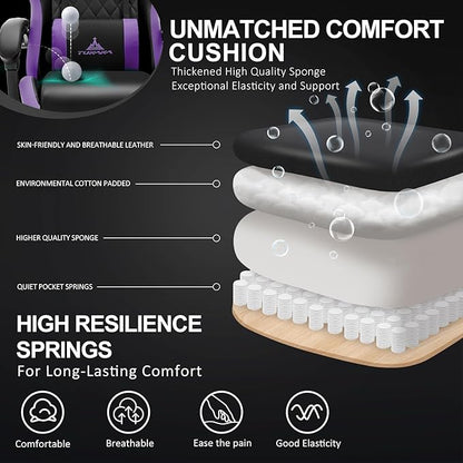 Gaming Chair,Ergonomic Massage Office Chair with Footrest,Purple | Pocket Spring Cushion,Reclining,Thick High Back,Headrest and Lumbar Support,Adjustable Leather Computer Chair Gamer Chair