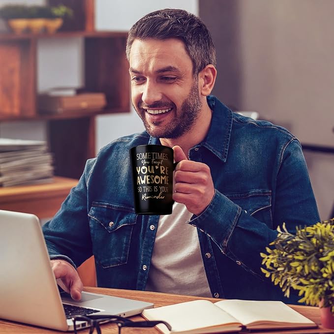 Anniversary Birthday Thank You Gifts for Men, 14oz Unique Black Ceramic Mug | Sometimes You Forget You're Awesome - Gold Print Inspirational Cup, Funny Valentines Day Presents for Boyfriend Husband Him