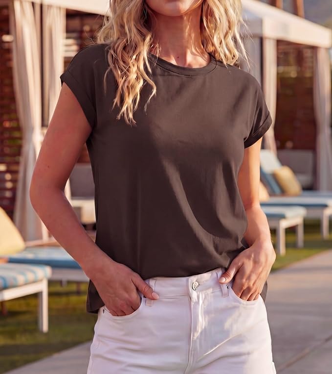 GRECERELLE Womens Summer Tops Cap Sleeve Crew Neck Basic T-Shirt | Everyday Casual Wear, Layering Friendly, Wrinkle-Resistant, Business Casual Ready, Lightweight & Packable, Capsule Wardrobe