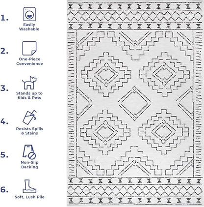 nuLOOM Noa Machine Washable Tribal Moroccan Accent Rug, 3' x 5', Ivory, Rectangular, 0.1" Thick