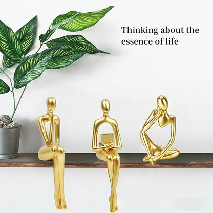 Prettidecor Gold Decor Reading Thinker Resin Statues Set of 3 | Office Coffee Shelf Table Desk Decor Abstract Decoration for Living Room Bedroom Collectable Figurines
