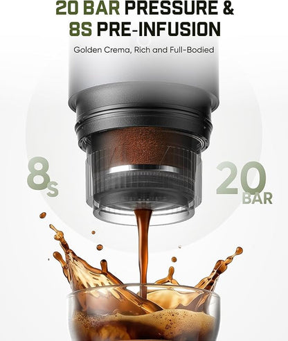 Fanttik Cafein 11 Portable Coffee Machine, 20 Bar Coffee Maker with USB-C | Portable&Compact, 135s Rapid Heating, Golden-Cup Extraction, IP65, 4500mAh*3, Travel, Fishing, Hiking, Party, Gym,Office