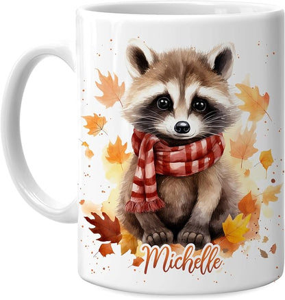 Hyturtle Personalized Fall Raccoon Maple Leaves Mug, Fall Autumn Décor | Birthday Gifts For Raccoon Lovers - Unique Autumn Gift Ideas For Thanksgiving - Custom Name 11oz White Ceramic Coffee Tea Mu