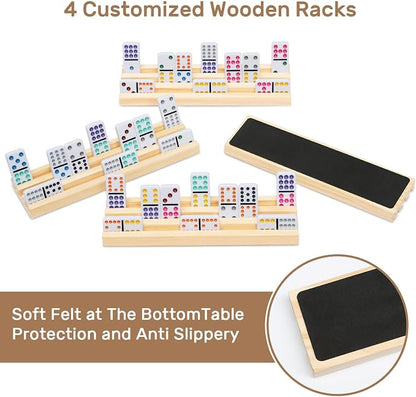 Mexican Train Dominoes Set with 4 Wooden Trays/Racks, Double 12 Dominos Travel Set with 4 Domino Tiles Holders, 91 Tiles Double 12 Colored Dominoes Game Set with Portable Case for Families Kids