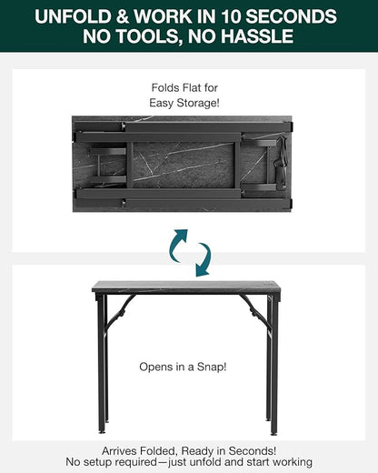 Frylr Small Folding Computer Desk – 35.8 Inch Portable Table for Craft and Study, Lightweight Desk for Small Spaces, Foldable Laptop Table Built-in AC/USB Outlets for Convenience, Marble Greige