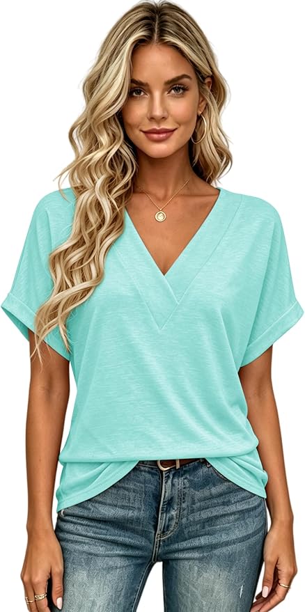 T Shirts Short Sleeve V Neck Tees Womens Tops Beach Vacation Fashion Clothes 2026 Casual Summer Spring Fall Outfits