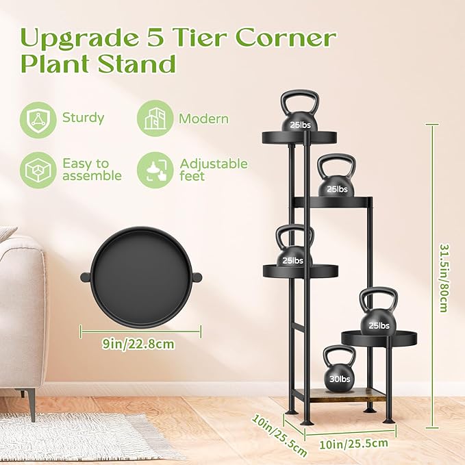 Plant Stand Indoor Outdoor, 5 Tier Metal Flower Pot Shelf Holder Clearance, Tall Corner Rack for Multiple Plants, Modern Organizer Display for Patio Orchid Office Porch Living Room Garden, Black